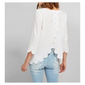 MBM Unlimited Tops - White Solid 3/4 Sleeve Scallop Trim Blouse MBM Unlimited Tops - White Solid 3/4 Sleeve Scallop Trim Blouse